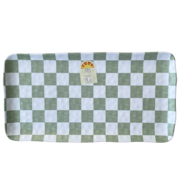 \C&C CALIFORNIA Sage Green White Checkered Melamine 18" Serving Tray Platter NEW - Picture 1 of 10